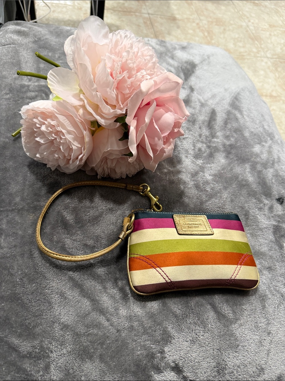 Coach Multicolor Striped Wristlet in Pink, Green, Orange, Cream, Navy